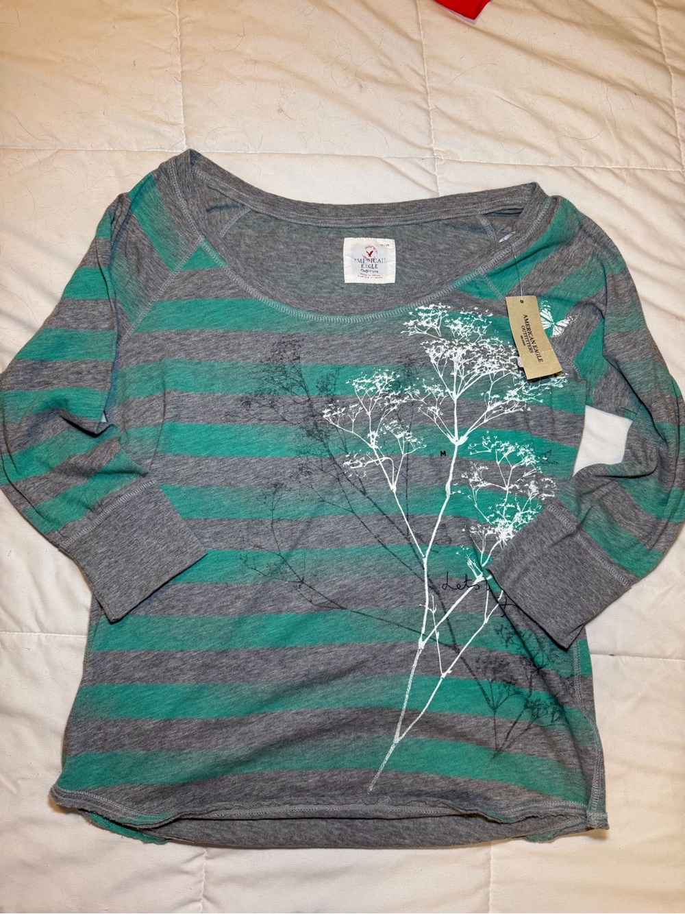 American Eagle Outfitters Gray & Teal Striped Long Sleeve Scoop Neck Top
